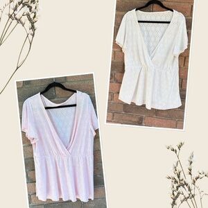 SHEIN White & Pink Eyelet V-Neck Blouse Set of 2 Size 2XL -  2 tops